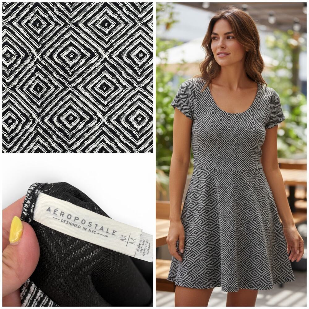 Aeropostale Geo Print Fit & Flare Dress Women’s Medium Black White Stretch